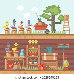 Spring gardening vector flat illustration in pastel colors with garden appliances