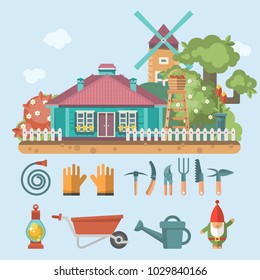 Spring gardening vector flat illustration in pastel colors with garden appliances