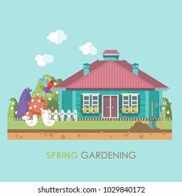 Spring gardening vector flat illustration in pastel colors with garden appliances