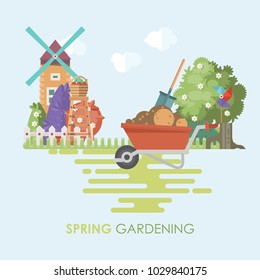 Spring gardening vector flat illustration in pastel colors with garden appliances