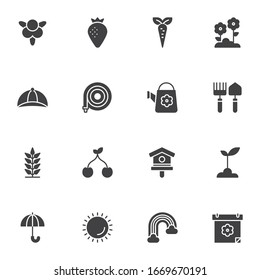 Spring, gardening vector icons set, modern solid symbol collection, filled style pictogram pack. Signs, logo illustration. Set includes icons as strawberry, carrot, flowers, watering hose, birdhouse