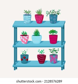 Spring gardening vector illustration - bright flower pots with plants. Rosemary, mint, parsley, peas, green onion, peppers. Elements for poster, scrapbooking, stickers set, greeting card.