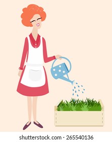 Spring gardening vector illustration with a cute happy smiling red haired woman in an apron standing watering her flowers with a watering can