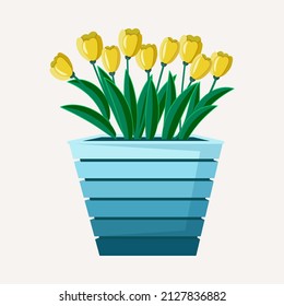 Spring gardening vector illustration - planter box with yellow tulips. Elements for poster, scrapbooking, stickers set, greeting card, party invitations, tags.