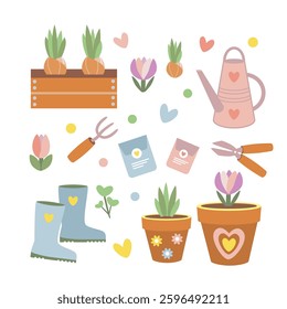 Spring gardening vector illustration with tools, boots, gloves, and flowers in a cozy, hand-drawn style