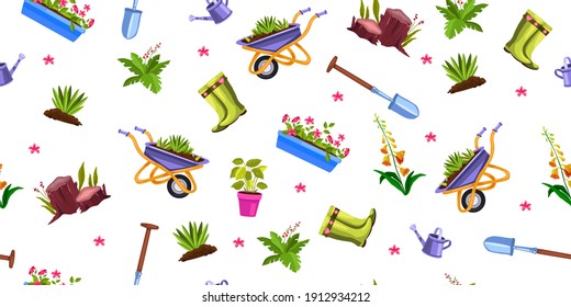 Spring gardening vector seamless pattern with flowerpots, green plants, wheelbarrow, shovel, boots, watering can. Summer backyard floral loopable texture on white. Botanical gardening repeat pattern