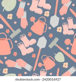 Spring gardening watering can gardening tools seamless pattern