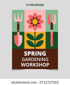 Frühling Gartenbau Werkstatt Flyer Design mit Werkzeugen und Blumen