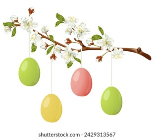 Spring garland with cherry blossoms and Easter eggs. Stock vector illustration on a white background.