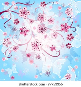 Spring gentle background with pink flowers and  translucent butterflies (vector EPS 10)