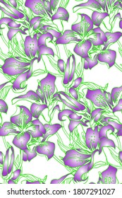 Spring gentle colored silhouettes, buds and leaves of Lily flowers. Seamless pattern drawn by hand with solid fill background. Contemporary Home textile, wallpaper, fabric, wrapping paper, package.
