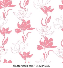 Spring gentle print with pink magnolia flowers on a white background, fabric for a dress, bed linen