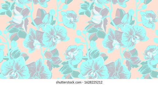 Spring gentle seamless floral pattern with flowers orchid drawn by hand in morning tropical garden on light pink background. Can be used for wallpaper, pattern fills, surface, fabric, texture, bedding