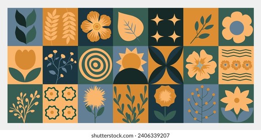 Spring geometric floral pattern. Minimal natural flower leaf plants simple shapes, agriculture concept. Trendy design templates with colorful geometric elements pattern