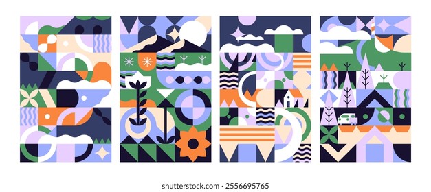 Spring geometric landscape posters set. Abstract countryside nature in cubist style. Contemporary stylized rural sceneries, views. Modern interior decoration, wall art. Flat vector illustrations.