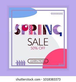 Spring geometric lettering. Art text decoration for greeting card, banner for advertising on site and social networks. Flat vector cartoon illustration. Objects isolated on white background.