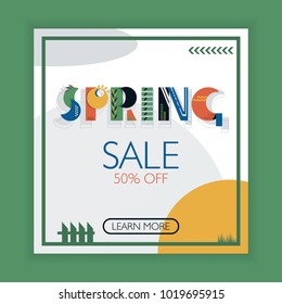 Spring geometric lettering. Art text decoration for greeting card, banner for advertising on site and social networks. Flat vector cartoon illustration. Objects isolated on white background.