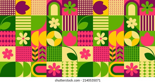 Spring geometric mosaic with flowers, rainbow and simple shapes. Vector illustration.