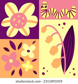 Spring geometric mosaic of primrose, leaves, flowers, lily of the valley, worm. Beautiful romantic flower collection. Joyful gentle spring mood. Vector illustration.