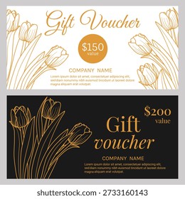 Spring gift card, certificate, voucher template with outline tulip flowers. Floral line art design background, business discount card, coupon in black, white and gold colors, vector illustration.