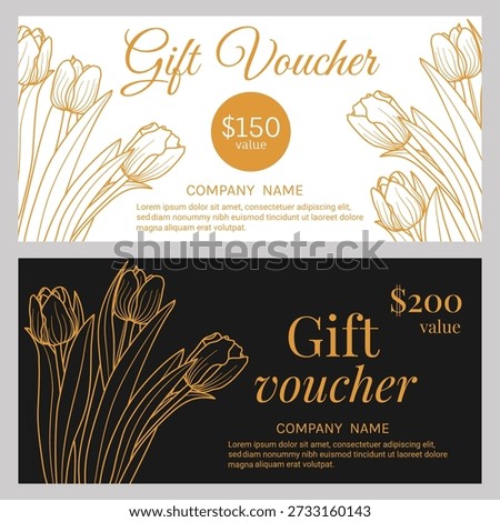 Spring gift card, certificate, voucher template with outline tulip flowers. Floral line art design background, business discount card, coupon in black, white and gold colors, vector illustration.