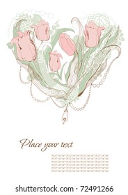 Spring gift card with flowers in the center.They have form of heart.Also you can place your text