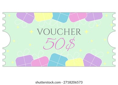 Spring gift certificate, voucher, coupon, ticket, 100 dollars template with stars and gift boxes