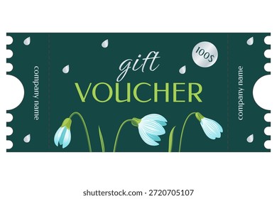 Certificado de regalo de primavera, vale de regalo, Plantilla de Cupón, $100 Snowdrops, gotas de plata