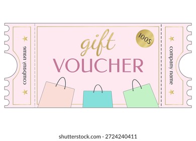 Certificado de regalo de primavera, certificado de regalo, voucher del día de la mujer, Plantilla de Cupón, $100, con bolsos de compras
