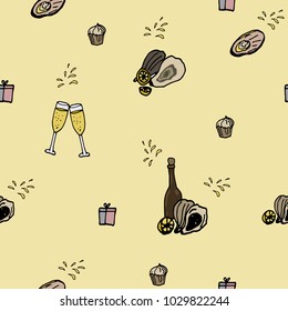 Spring gift pattern with champagne, oysters, surprises, gift boxes. For packing gifts, background, textiles, banners.