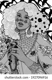 spring girl among flowers birds and butterflies