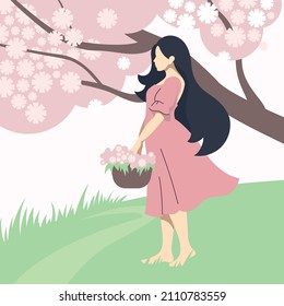 Spring girl. Beautiful girl with a basket of flowers against the backdrop of a spring landscape. Vector image. 