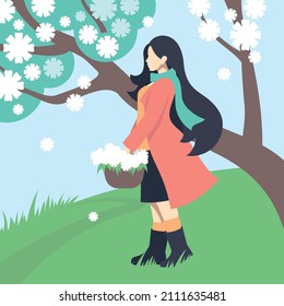 Spring girl. Beautiful girl with a basket of flowers against the backdrop of a spring landscape. Vector image. 