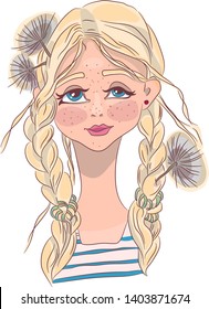 Spring girl. Blonde with flowers in her hair. Blue-eyed young girl. Vector image.