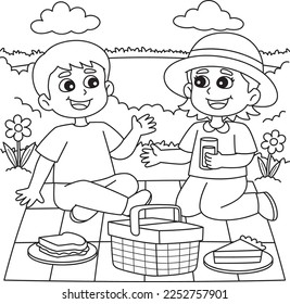 Spring Girl and Boy Having a Picnic Coloring Page