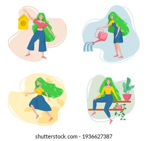 Chica primaveral en diferentes acciones. Conjunto de artes conceptuales estacionales