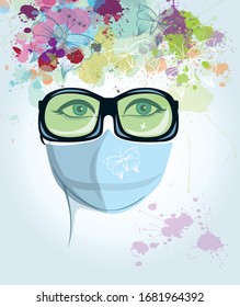 Spring girl face with sunglasses and medical mask watercolor sketch