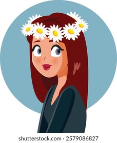 
Spring Girl with Flower Crown Vector Cartoon Portrait Illustration. Lovely lady enjoying spring wearing floral wreath