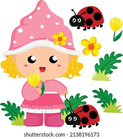Spring Girl Gnome Garden with beautiful Flowers Vector Clipart
