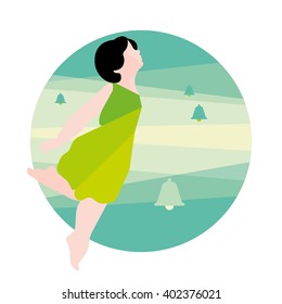 Spring, girl in a green dress and bells