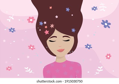 Spring. Girl lying among flowers. Spring dreams. Beautiful spring. Pinkish. Cute flower background. Spring background