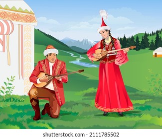 In spring, a girl and a man in traditional costumes play dombra music and sing aitys in the mountains among the hills. Nauryz holiday. Vector illustration.