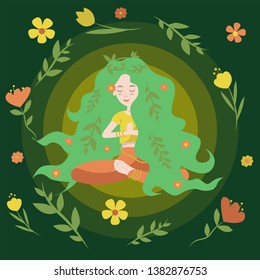 
Spring girl is meditating in the lotus position. She glows and soars around her flowers and plants. Spring vector illustration.