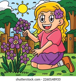 Spring Girl Picking Flowers Colored Illustration