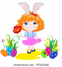 spring girl in pink dress with rabbit ears carries a red flower is on track with green grass and colorful Easter eggs