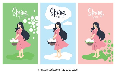 Spring girl. Set of vector illustrations. Girl with a basket of flowers in different colors. 