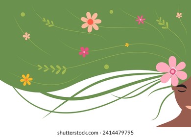 Spring girl vector illustration. Black woman with loose hair and flowers. International Women's Day. Design for greeting card, banner, advertising. 