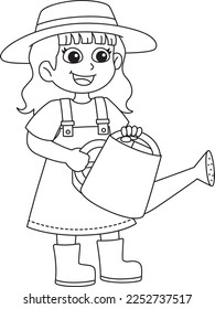 Spring Girl Watering the Flowers Isolated Coloring