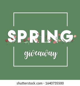 Spring giveaway. Lettering with hand drawn tulips pattern isolated on mint color background. Vector banner template. 