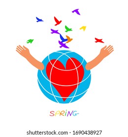 Spring. The globe with children's hands releases colored birds. The inscription spring. Globe icon vector logo